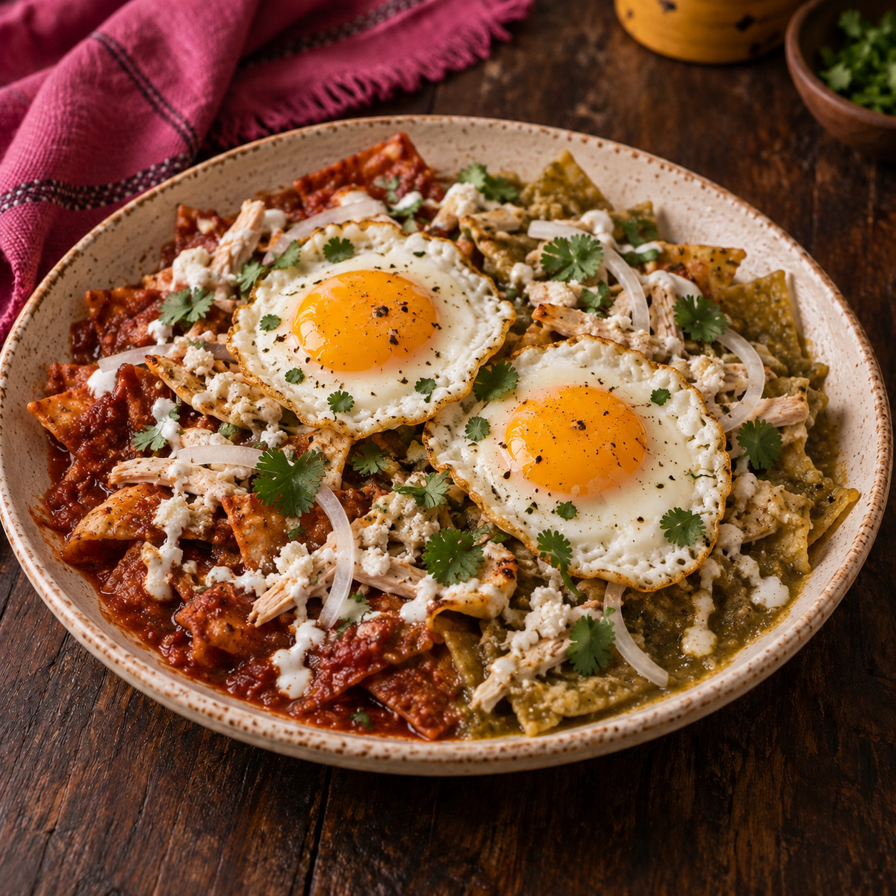 Chilaquiles con salsa roja y verde, pollo y dos huevos estrellados en un plato de cerámica.